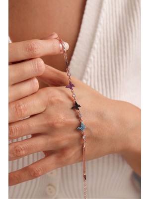 Nereze 925 Ayar Gümüş Rose Kaplama 3'lü Model Kelebek Bileklik Bileklik