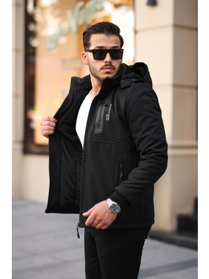 Mero Life Outdoor Kapüşonlu Su ve Rüzgar Geçirmez Kapitone Içi Kürklü Elyaf Dolgulu Şişme Siyah Softshell Mont