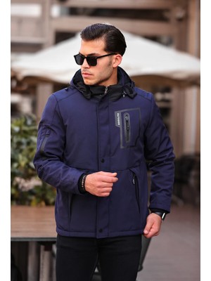 Mero Life Outdoor Kapüşonlu Su ve Rüzgar Geçirmez Kapitone Içi Kürklü Elyaf Dolgulu Lacivert Softshell Mont