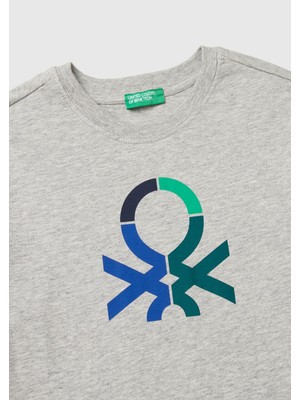 United Colors Of Benetton Erkek Çocuk Gri Melanj Önü Çok Renkli Logo Baskılı Bisiklet Yaka Uzun Kollu T-Shirt