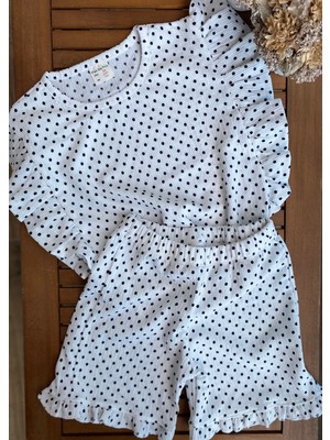 Baby Babyaden Puantiye Desenli Fırfırlı Tişört / Şort Günlük Pamuklu Kız Çocuk Takım