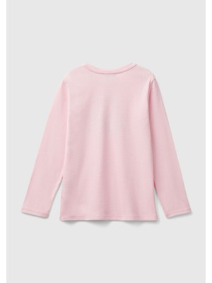 United Colors Of Benetton Kız Çocuk Açık Pembe Önü Parıltılı Logo Baskılı Regular Fit Uzun Kollu T-Shirt