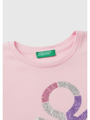 United Colors Of Benetton Kız Çocuk Açık Pembe Önü Parıltılı Logo Baskılı Regular Fit Uzun Kollu T-Shirt