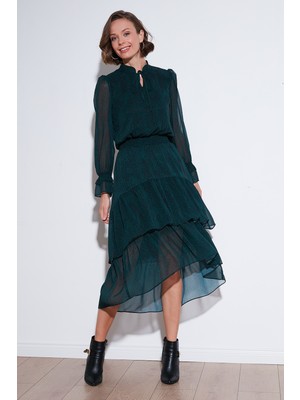 Lela Regular Fit Boyundan Bağlamalı Volanlı Şifon Midi Elbise Kadın Elbise 611EL1449