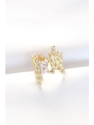 Clariss Gold Renk Tırtıklı Kalın Baget Taş Tasarım Ayarlanabilir Yüzük