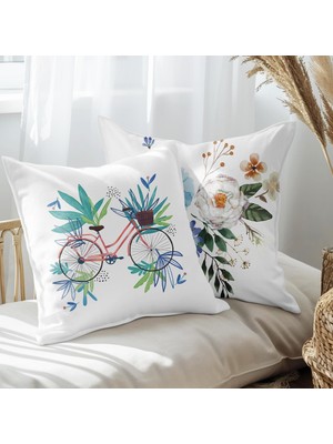 Ejoya Bisiklet ve Çiçek Tasarımlı 2'li Yastık Içi ve Kırlent Kılıfı 45CM 113480