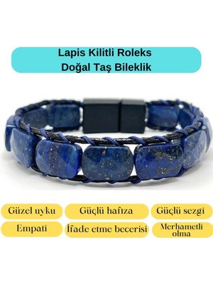 Yıldız Doğal Taş Sertifikalı Lapis Lazuli Kilit Kapama Roleks Doğal Taş Deri Bileklik