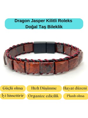 Yıldız Doğal Taş Sertifikalı Dragon Jasper Kilit Kapama Roleks Doğal Taş Deri Bileklik