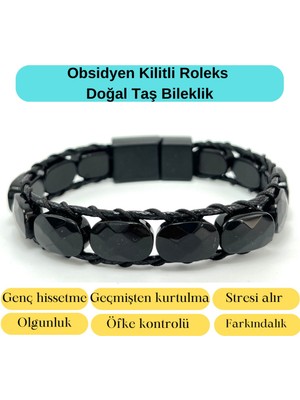 Yıldız Doğal Taş Sertifikalı Obsidyen Kilit Kapama Roleks Doğal Taş Deri Bileklik