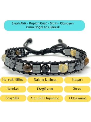 Yıldız Doğal Taş Sertifikalı Siyah Akik - Kaplan Gözü - Sitrin - Obsidyen  6mm Doğal Taş Makrome Bileklik