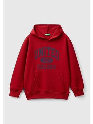 United Colors Of Benetton Erkek Çocuk Kırmızı Önü Logo Baskılı Ribanalı Kapüşonlu Sweatshirt