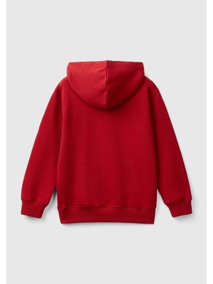 United Colors Of Benetton Erkek Çocuk Kırmızı Önü Logo Baskılı Ribanalı Kapüşonlu Sweatshirt