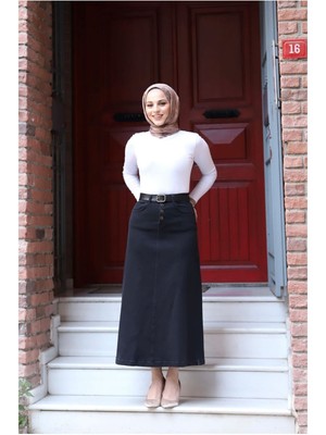 Vellichor Doğal Kumaşlı Siyah Kemerli Kot Etek Uzun Beden 46 Kadın İçin Şık Tasarım