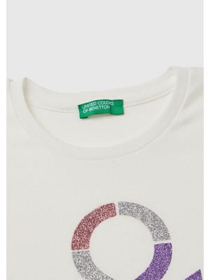 United Colors Of Benetton Kız Çocuk Beyaz Önü Parıltılı Logo Baskılı Regular Fit Uzun Kollu T-Shirt