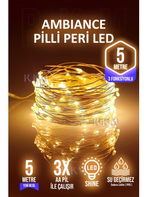 Rkm Store Dekoratif 5 Metre Peri LED Gün Işığı 3 Pilli 3 Fonksiyonlu