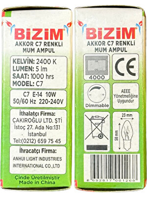 Bizim 10W Açık Sarı Işık E14 Duylu Dim Edilebilir Mum Ampul (5 Adet)