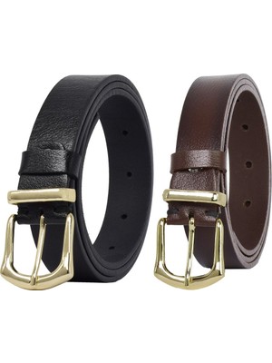 GoDeri Deri Gold Tokalı Metal Köprülü 2'li Set Siyah Koyu Kahverengi Kadın Kemeri 3 CM=42GLD