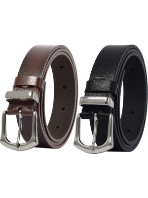 GoDeri Deri Gümüş Tokalı Köprülü 2'li Set Siyah Koyu Kahverengi Kadın Kemeri 3 Cm=2li-Kd-41