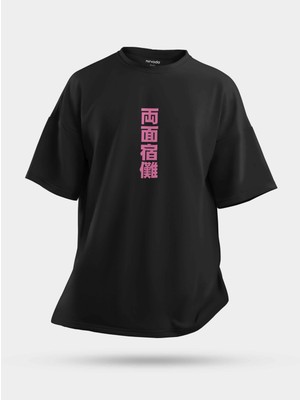 Nirvoda Oversize Sukuna Jujutsu Kaisen Pembe Baskılı Unisex Tişört