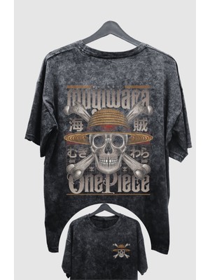 Fuddy Moda Oversize Mugiwara One Piece Sırt Baskılı Yıkamalı T-Shirt, Unisex Anime Baskılı Retro Tişört
