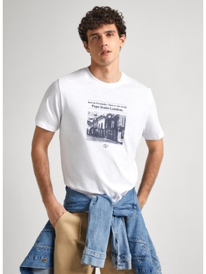 Pepe Jeans Bisiklet Yaka Baskılı Beyaz Erkek T-Shirt PM509379 800 Cooper