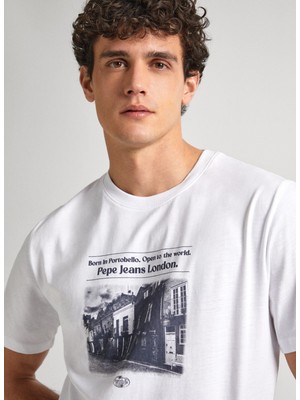 Pepe Jeans Bisiklet Yaka Baskılı Beyaz Erkek T-Shirt PM509379 800 Cooper