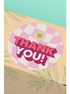 Xox Shops Thank You Sticker Teşekkürler Etiket Pembe Kareli Papatya  Etiketi - 90 Adet - ST2196