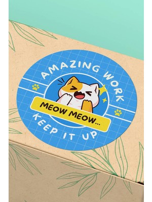 Xox Shops Sticker Teşekkürler Etiketi Mavi Kedi Amazing Work Yazılı  Etiketi - 90 Adet - ST2218