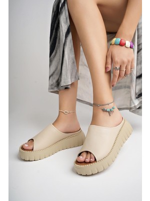 Tarçın Ayakkabı Hakiki Deri Bej Kadın Deri Terlik TRC61-3004