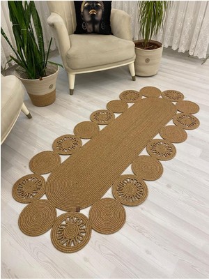 Jüt Hasır Görünümlü Desenli Modern El Örgüsü Oval Halı Kilim