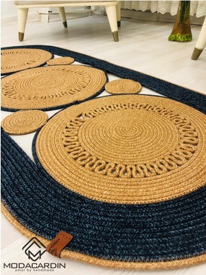 Jüt Hasır Görünümlü Desenli Modern El Örgüsü Oval Halı Kilim