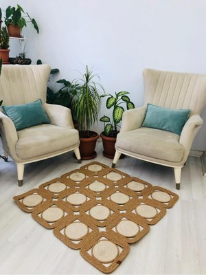 Jüt Hasır Görünümlü Desenli Modern El Örgüsü Dikdörtgen Halı Kilim