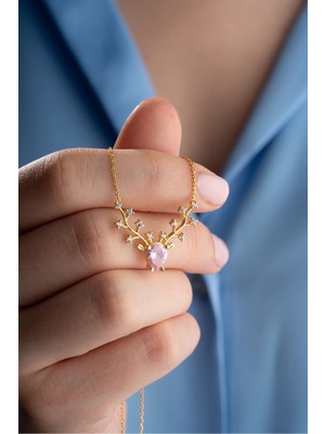 Nereze 925 Ayar Gümüş Gold Kaplama Pembe Taşlı Ren Geyiği Model Kolye