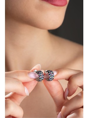 Nereze 925 Ayar Gümüş Rodyum 5 Sıra Mix Taşlı Yarım Tur Küpe