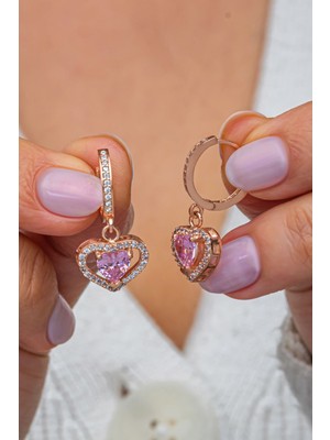 Nereze 925 Ayar Gümüş Rose Kaplama Pembe Taş Sallantılı Kalp Küpe