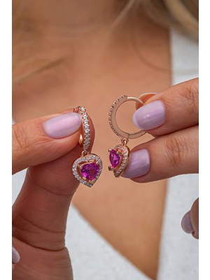 Nereze 925 Ayar Gümüş Rose Kaplama Fuşya Renk Taş Sallantılı Kalp Küpe