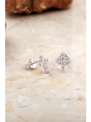 Sümer Telkari Haç Mini Rodyumlu Gümüş Küpe 6936