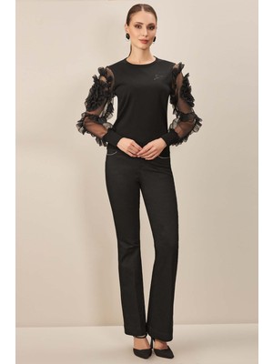 Guitar Yuvarlak Yaka Siyah Triko Bluz