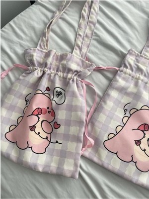 Planet Butik Çok Renkli Kawaii Pink Dino Büzgülü Bez Çanta Casual/günlük Tüm Yaş Grupları Mix Hayır