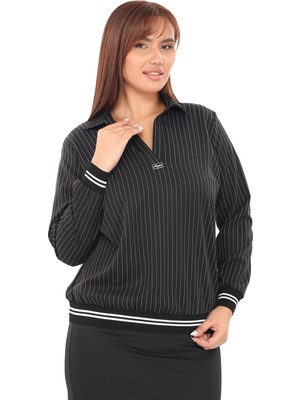 Lady Majestic Yakalı Büyük Beden Çizgili Bluz