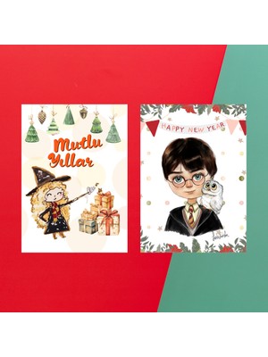 Fatofotofan Harry Potter Çizimli Simli Yılbaşı Kartı 2'li