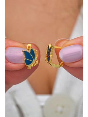 Nereze 925 Ayar Gümüş Gold Kaplama Mavi Mineli Kelebek Küpe