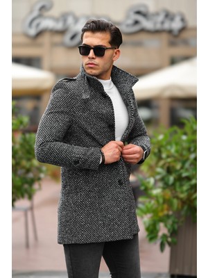 Mero Life Erkek Dar Kesim Açık Gri Yün Karışımlı Kaşe Kaban Uzun Kol Slim Fit Özellikli