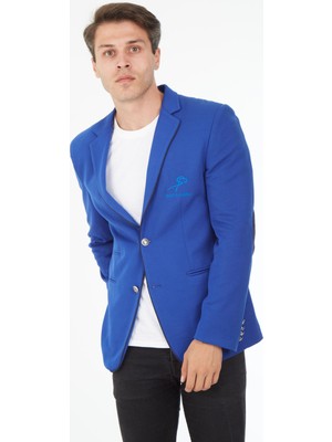 Sposo G-154 Dar Kalıp Örme Kumaş Saks Mavi Erkek Blazer Ceket