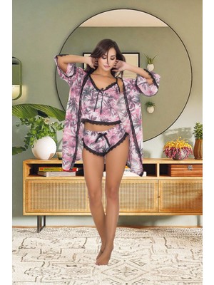 İnce Askılı Dantelli Tozpembe Saten Desenli S/M-L/XL Beden Kadın Sabahlık Pijama Takım Seti