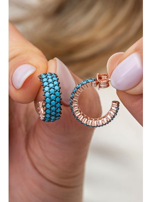 Nereze 925 Ayar Gümüş Rose 3 Sıra Turkuaz Taşlı Yarım Tur Küpe