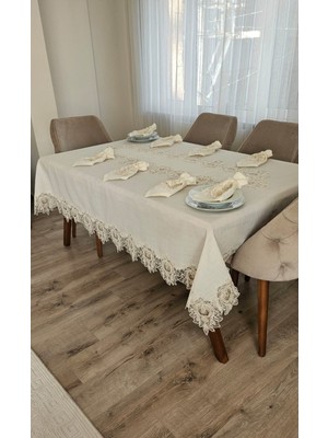 Zesa Home Lüx Gardenya Keten  12 Kişilik 26 Parça Çınar Desen Ağır Dantelli Masa Örtüsü -160X220...160X500