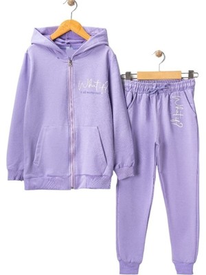 İrem Çocuk Giyim Kız Çocuk What Is Yazı Desenli Fermuarlı Kapüşonlu Kanguru Cepli Lila Renk Eşofman Takımı