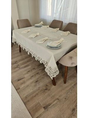 Zesa Home Lüx Gardenya Keten  12 Kişilik 26 Parça Kalp Desen Ağır Dantelli Masa Örtüsü -160X220...160X500