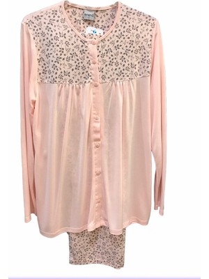 NENA-24576-Kadın Uzun Kollu Önden Açık Robalı  Pamuk Viskon Pijama Takımı